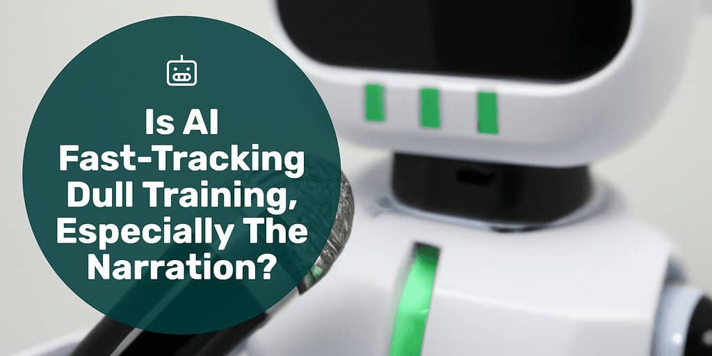 A robot speaking into a microphone with text overlay "Is AI fast-tracking dull training, especially the eLearning?"